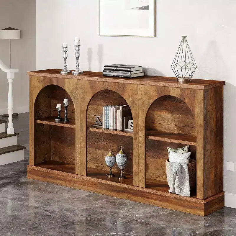 Console de couloir étroite de 160 cm avec étagère de rangement à 3 niveaux, marron rustique