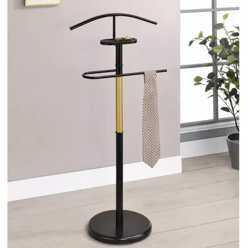 Porte-vêtement contemporain avec plateau, métal noir et or/chrome, organiseur de placard de chambre