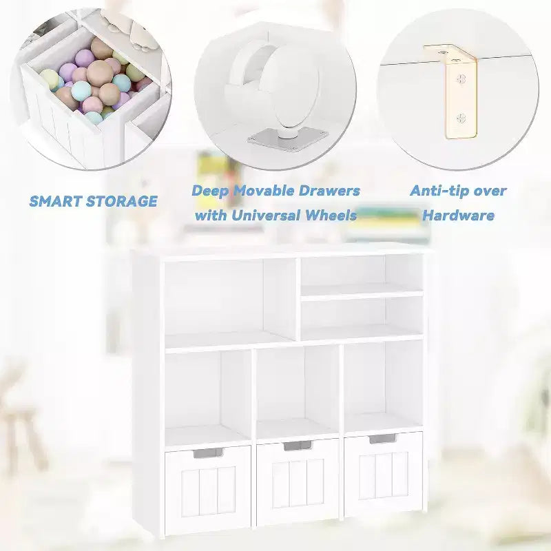 Étagère à livres et rangement de jouets pour enfants avec 3 tiroirs et 6 compartiments, Blanc