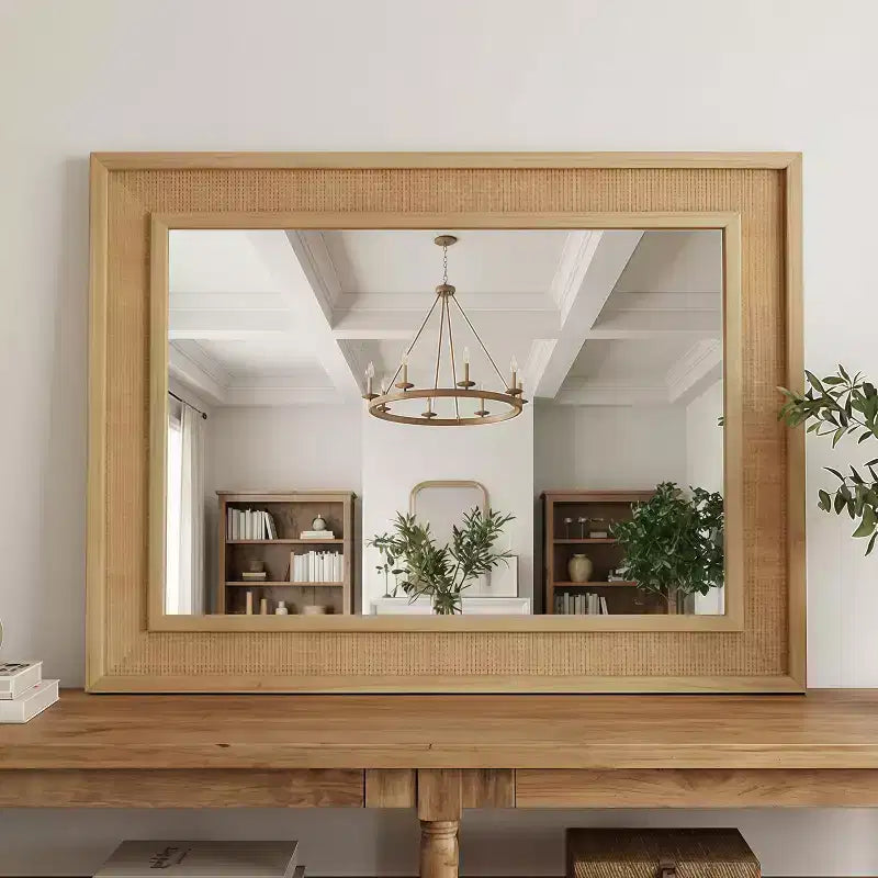 Miroir mural décoratif en rotin et bois massif style ferme