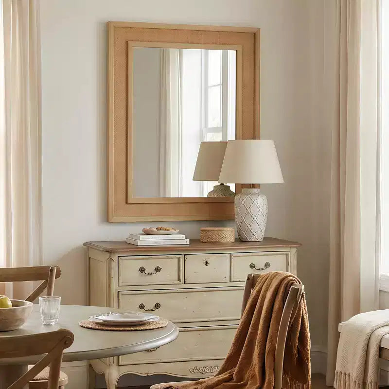 Miroir mural décoratif en rotin et bois massif style ferme