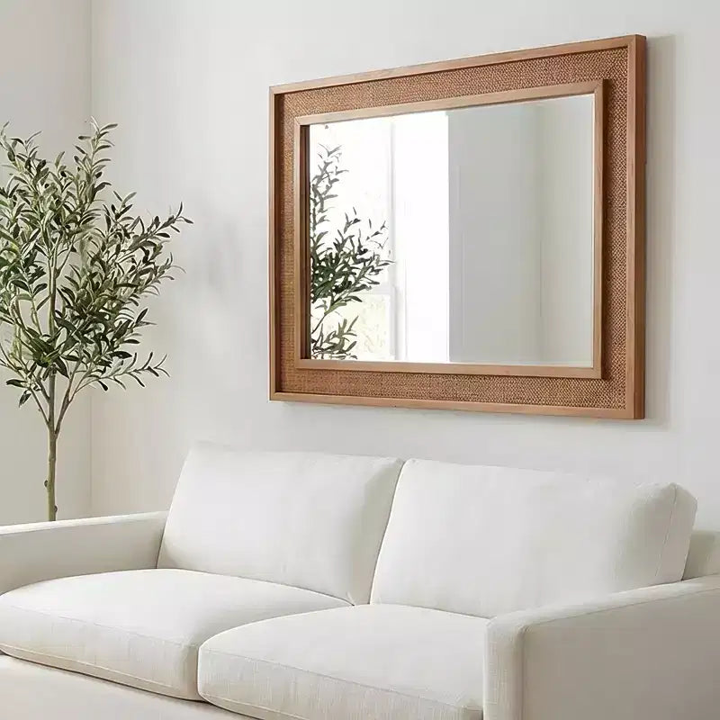 Miroir mural décoratif en rotin et bois massif style ferme