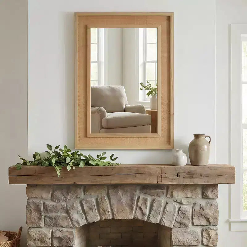 Miroir mural décoratif en rotin et bois massif style ferme