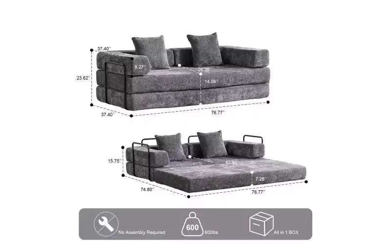 Canapé-lit convertible au sol, futon en velours côtelé avec oreiller, gris