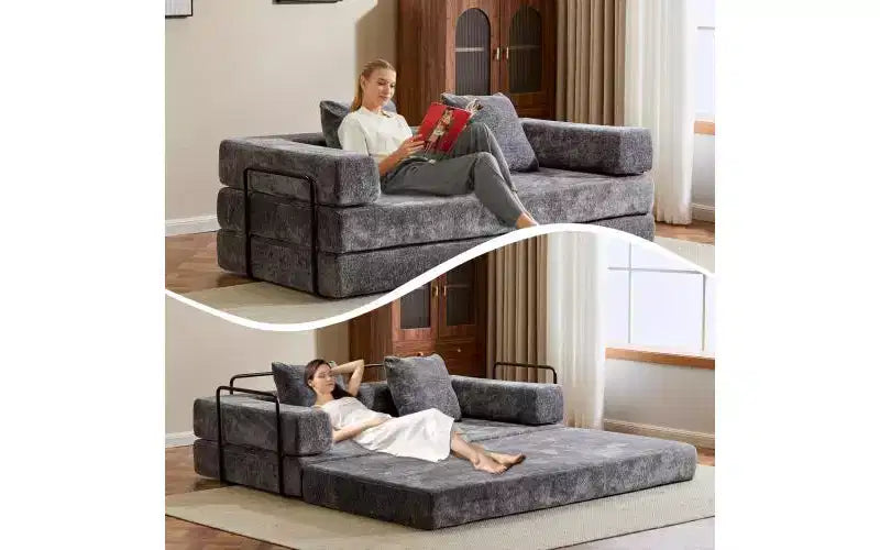Canapé-lit convertible au sol, futon en velours côtelé avec oreiller, gris