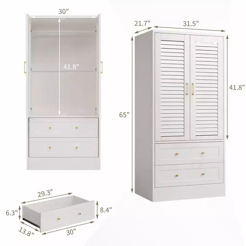 Armoire-penderie à persiennes de 65 po avec 2 portes, 2 tiroirs et tringle à vêtements
