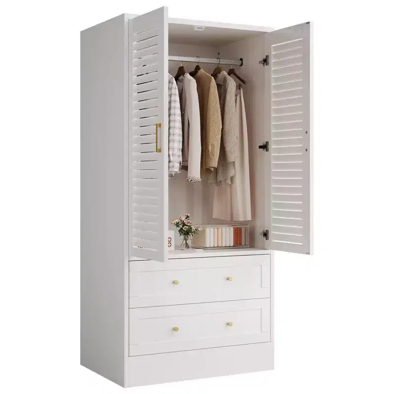Armoire-penderie à persiennes de 65 po avec 2 portes, 2 tiroirs et tringle à vêtements