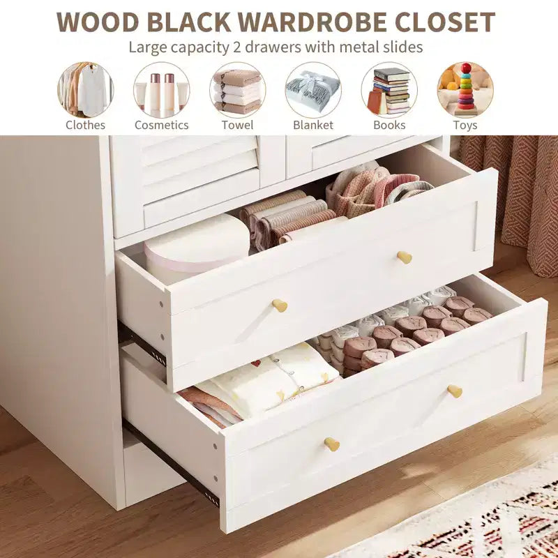 Armoire-penderie à persiennes de 65 po avec 2 portes, 2 tiroirs et tringle à vêtements