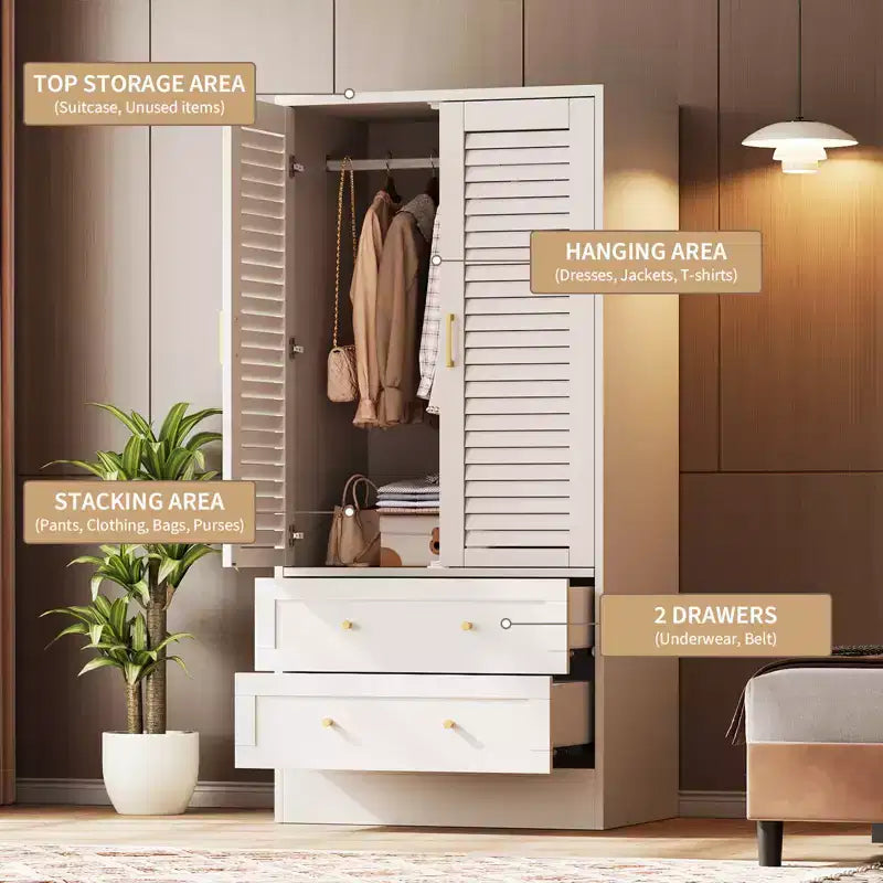 Armoire-penderie à persiennes de 65 po avec 2 portes, 2 tiroirs et tringle à vêtements