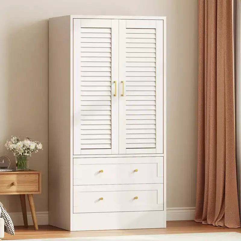 Armoire-penderie à persiennes de 65 po avec 2 portes, 2 tiroirs et tringle à vêtements