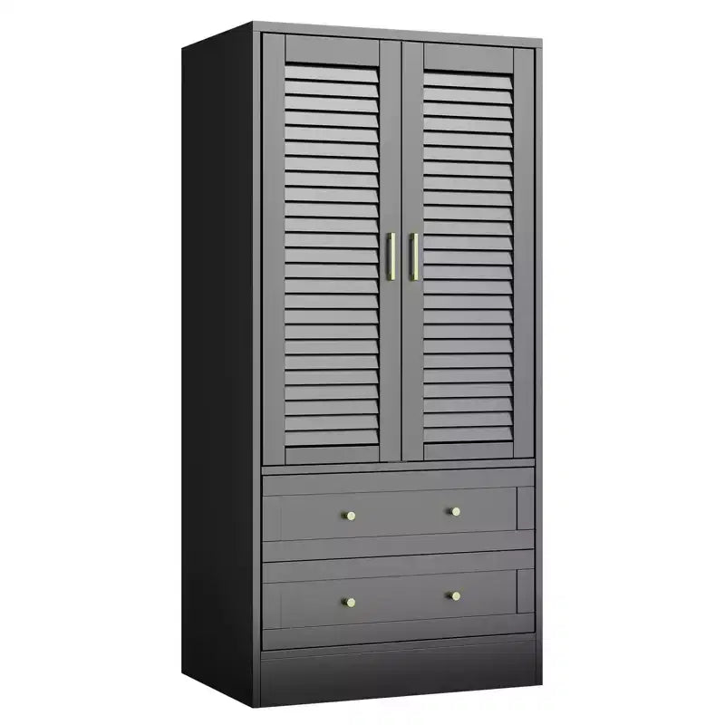 Armoire-penderie à persiennes de 65 po avec 2 portes, 2 tiroirs et tringle à vêtements