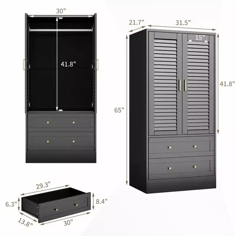 Armoire-penderie à persiennes de 65 po avec 2 portes, 2 tiroirs et tringle à vêtements