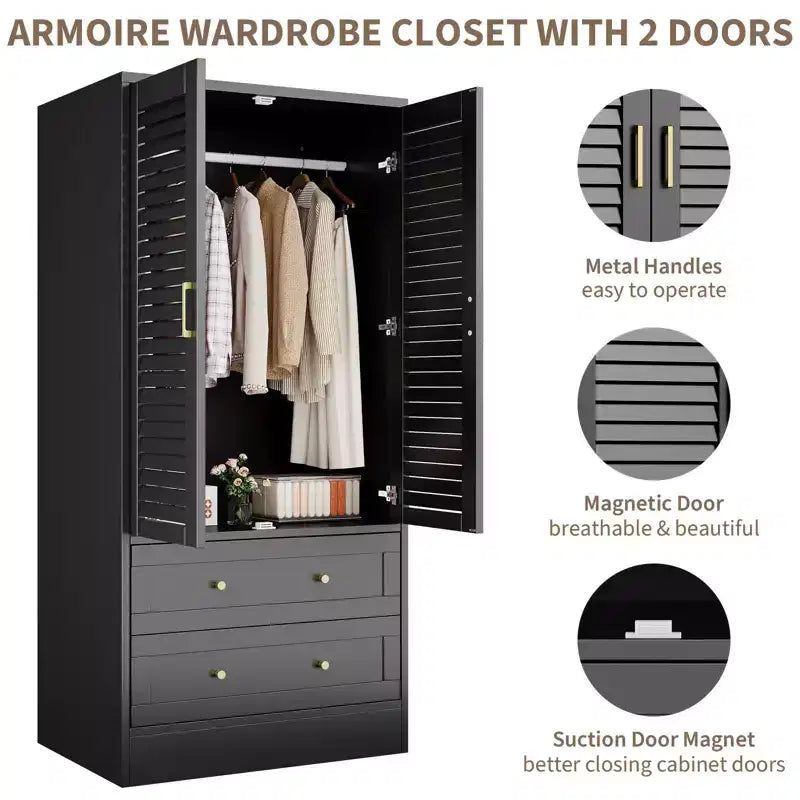 Armoire-penderie à persiennes de 65 po avec 2 portes, 2 tiroirs et tringle à vêtements