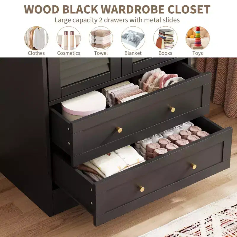 Armoire-penderie à persiennes de 65 po avec 2 portes, 2 tiroirs et tringle à vêtements