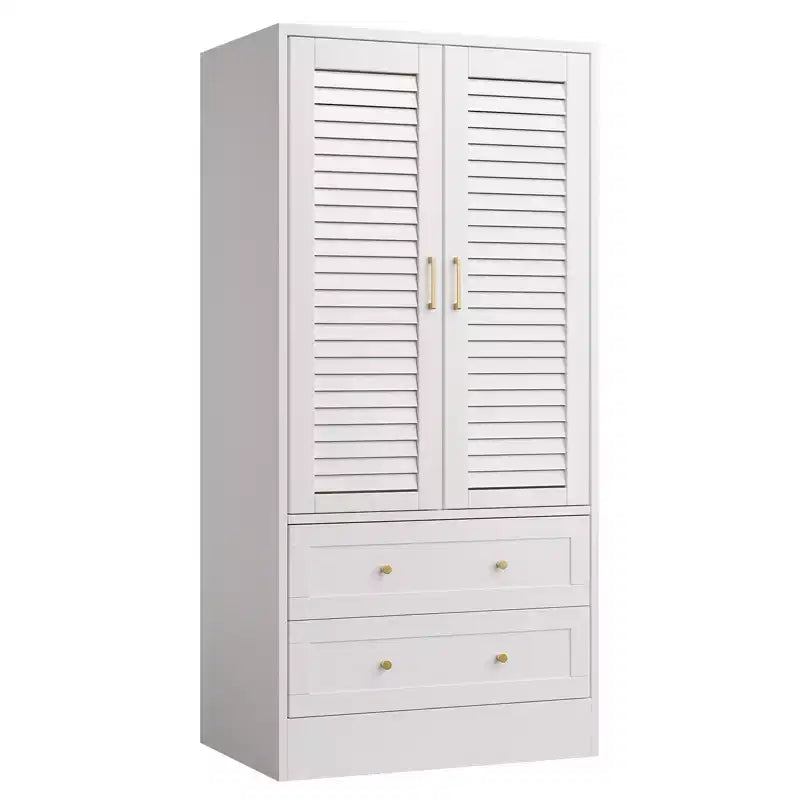 Armoire-penderie à persiennes de 65 po avec 2 portes, 2 tiroirs et tringle à vêtements