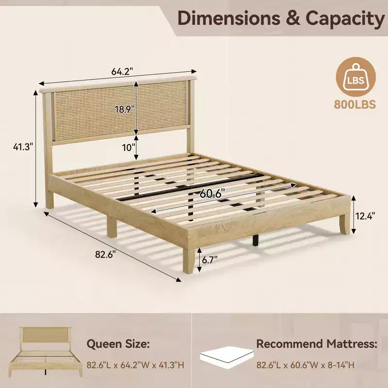 Cadre de lit plateforme Queen en bois avec tête de lit haute et support à lattes en bois massif