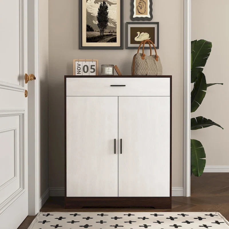 Shoe Cabinet, 4-Tier Shoe Rack Organizer with 1 Drawer, Freestanding Shoe Storage Cabinet with 2 Door & Adjustable Shelves