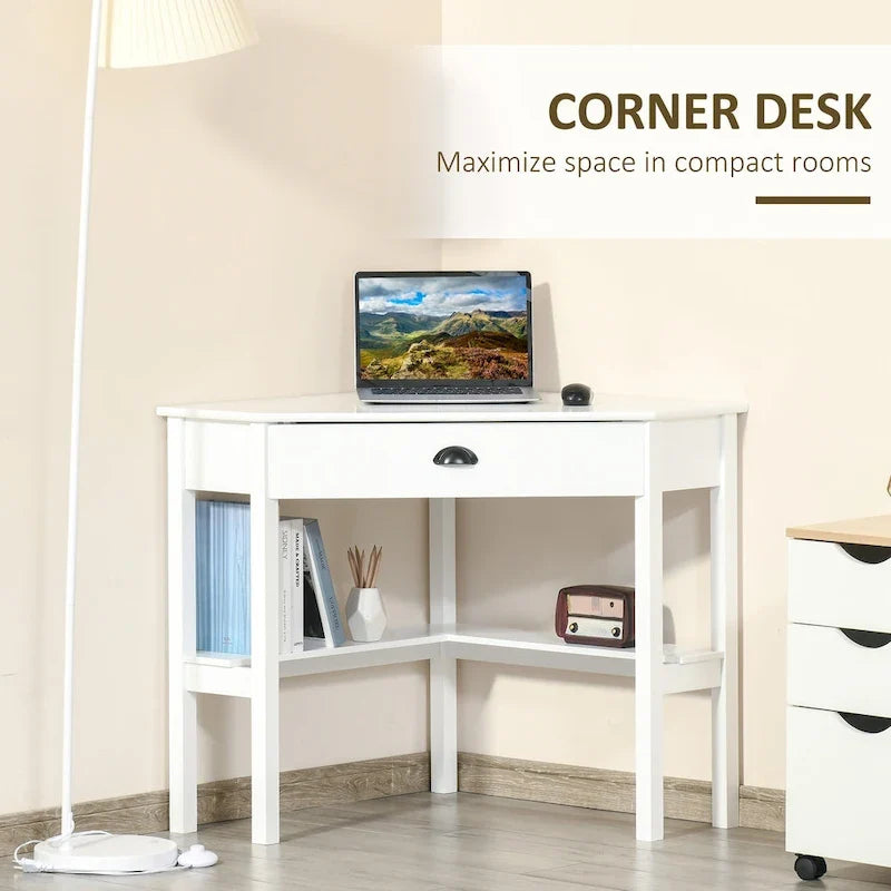Bureau d'angle moderne et compact avec tiroir coulissant et étagères ouvertes pour petites pièces, espaces de travail ou zones d'exposition