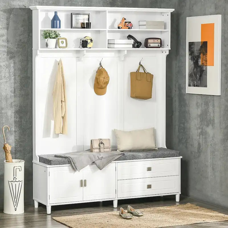Modern Style Hall Tree with Storage, Free-Standing Clothing Rack with Storage Bench and Storage Cabinet and Drawers