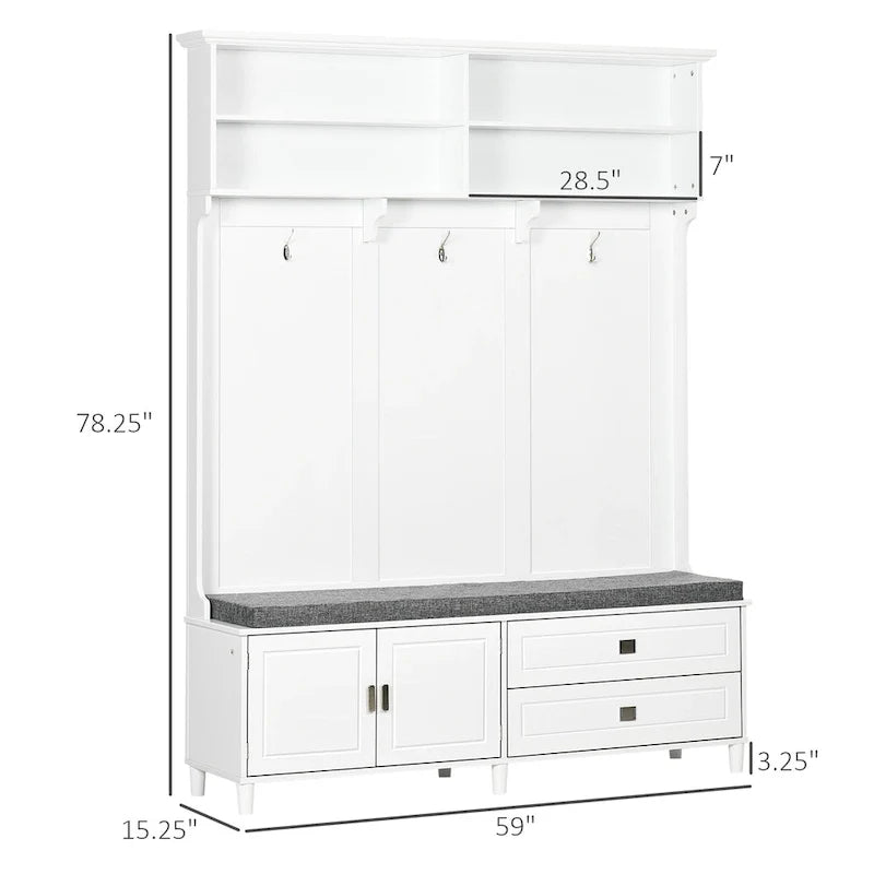 Porte-manteau de style moderne avec rangement, porte-vêtements autoportant avec banc de rangement, armoire de rangement et tiroirs