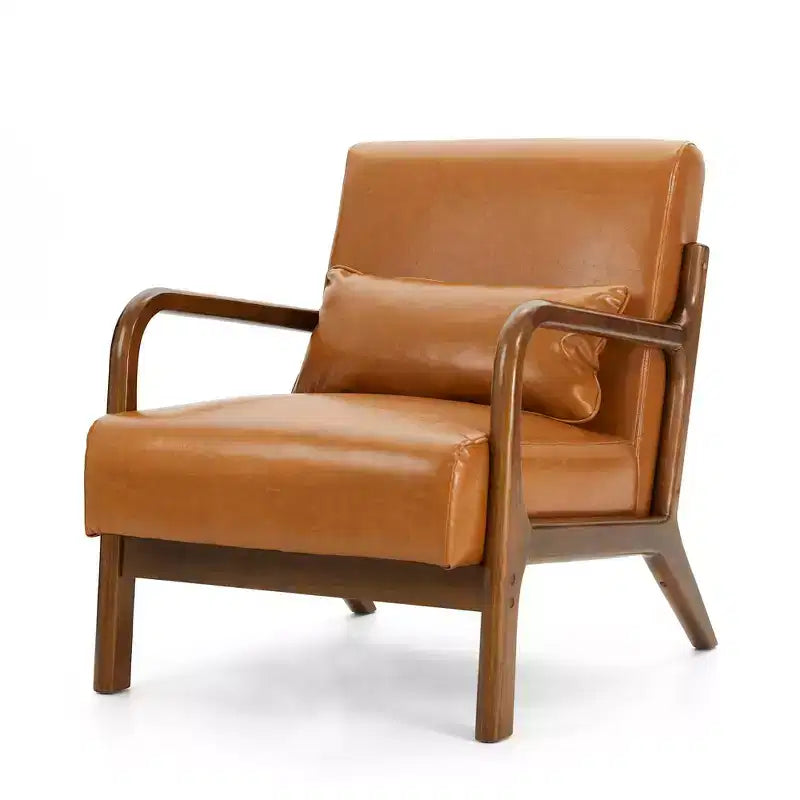 Fauteuil d'appoint Mid-Century Modern en similicuir, cadre en bois d'hévéa couleur noyer