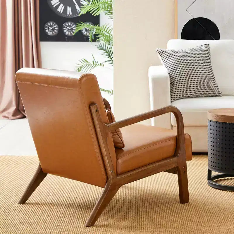 Fauteuil d'appoint Mid-Century Modern en similicuir, cadre en bois d'hévéa couleur noyer