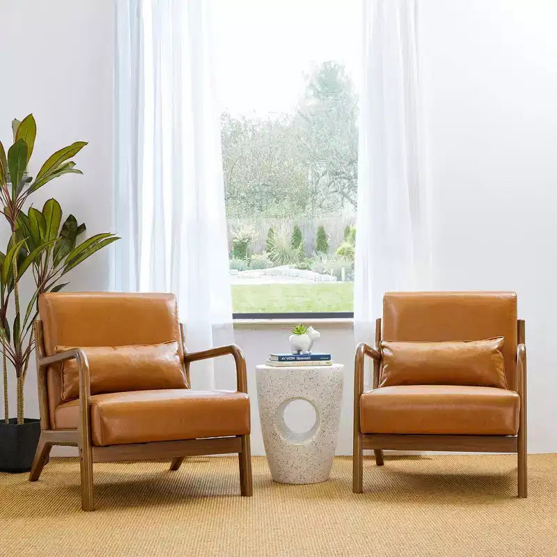 Fauteuil d'appoint Mid-Century Modern en similicuir, cadre en bois d'hévéa couleur noyer