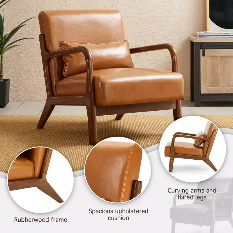 Fauteuil d'appoint Mid-Century Modern en similicuir, cadre en bois d'hévéa couleur noyer