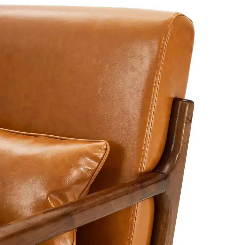 Fauteuil d'appoint Mid-Century Modern en similicuir, cadre en bois d'hévéa couleur noyer