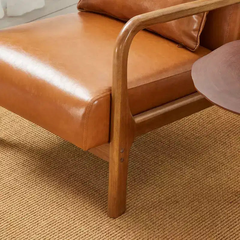 Fauteuil d'appoint Mid-Century Modern en similicuir, cadre en bois d'hévéa couleur noyer