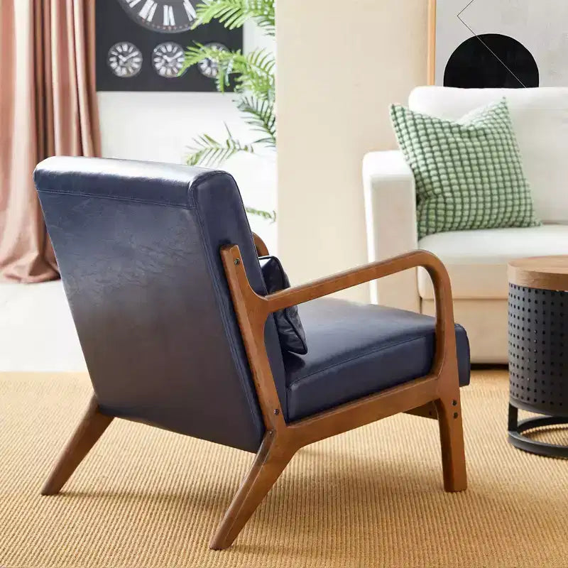 Fauteuil d'appoint Mid-Century Modern en similicuir, cadre en bois d'hévéa couleur noyer