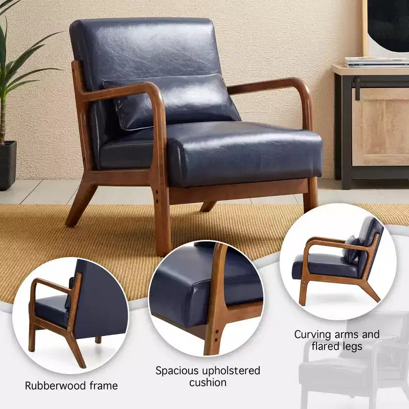Fauteuil d'appoint Mid-Century Modern en similicuir, cadre en bois d'hévéa couleur noyer