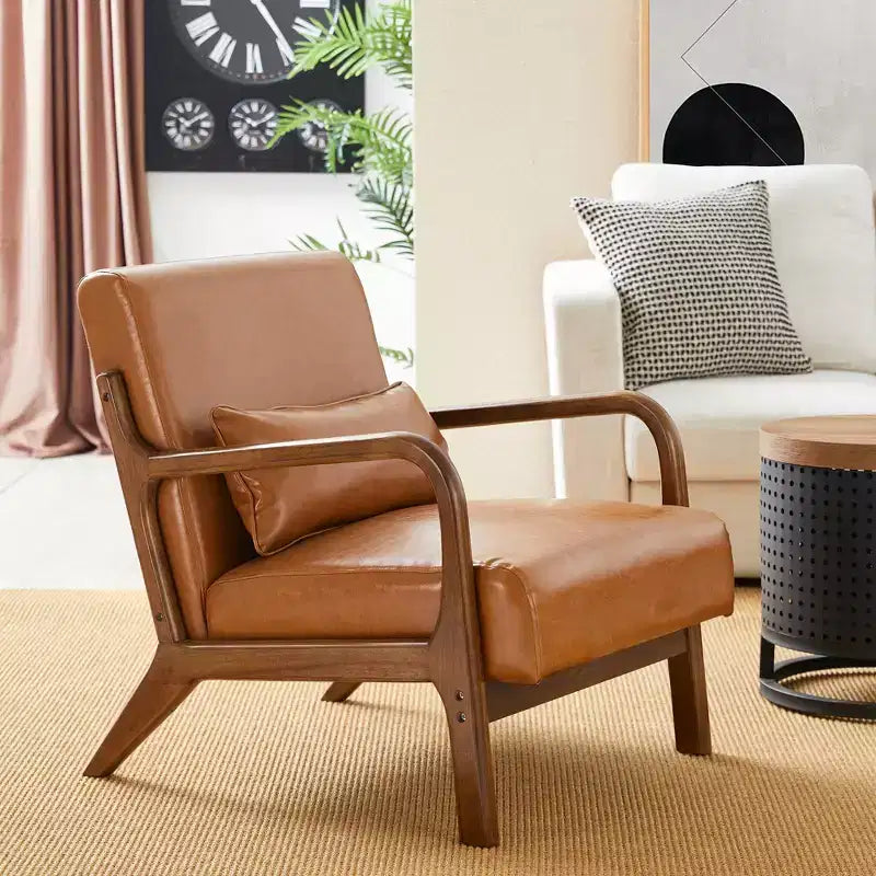 Fauteuil d'appoint Mid-Century Modern en similicuir, cadre en bois d'hévéa couleur noyer