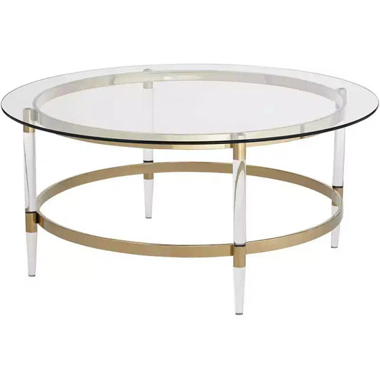 55 Downing Street Saarinen Modern Minimalist Gold Round Coffee Table 38 Wide Clear Glass Tabletop and Legs for Living Room Bedroom House