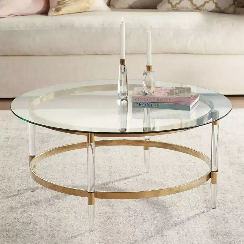 Table basse ronde minimaliste moderne dorée, 96,5 cm de large, plateau en verre transparent