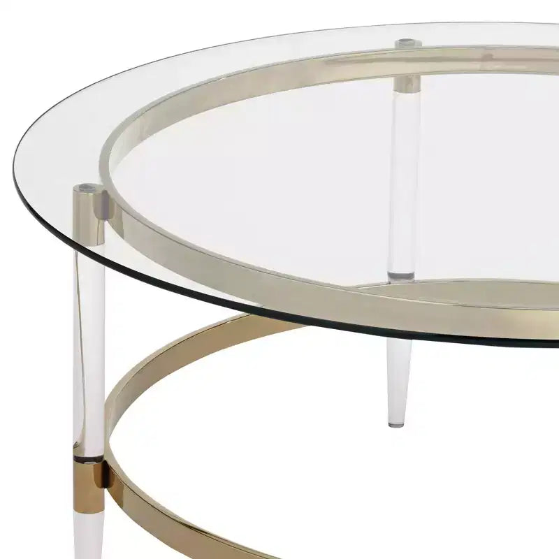 Table basse ronde minimaliste moderne dorée, 96,5 cm de large, plateau en verre transparent