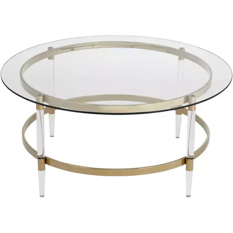 Table basse ronde minimaliste moderne dorée, 96,5 cm de large, plateau en verre transparent