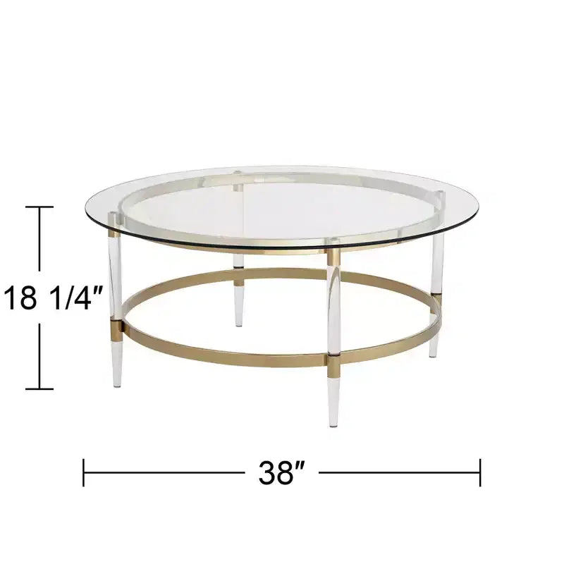 Table basse ronde minimaliste moderne dorée, 96,5 cm de large, plateau en verre transparent
