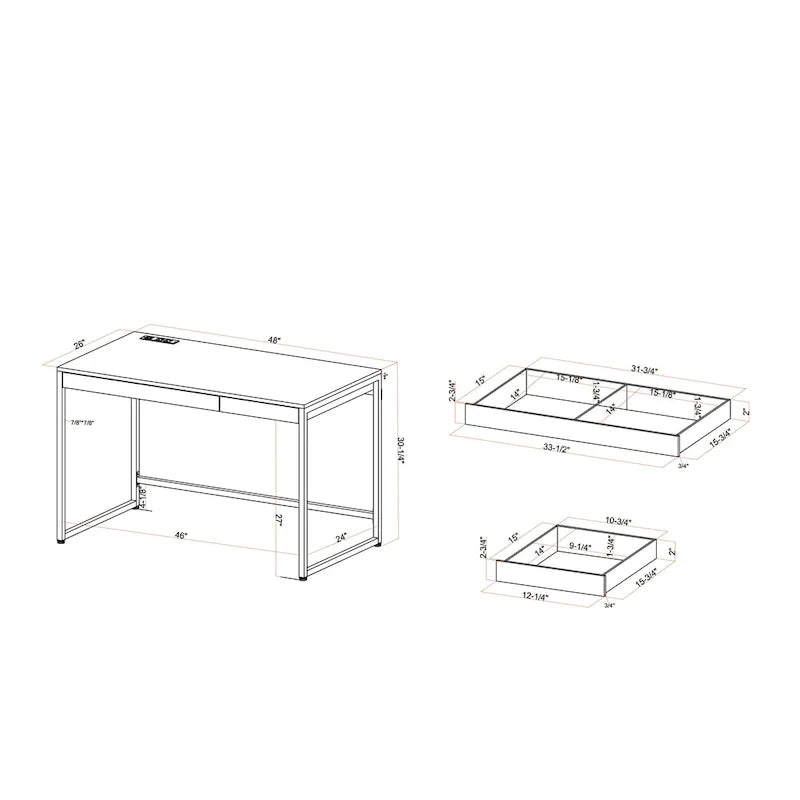 Bureau d'ordinateur moderne en acier de 48 pouces avec ports de chargement par