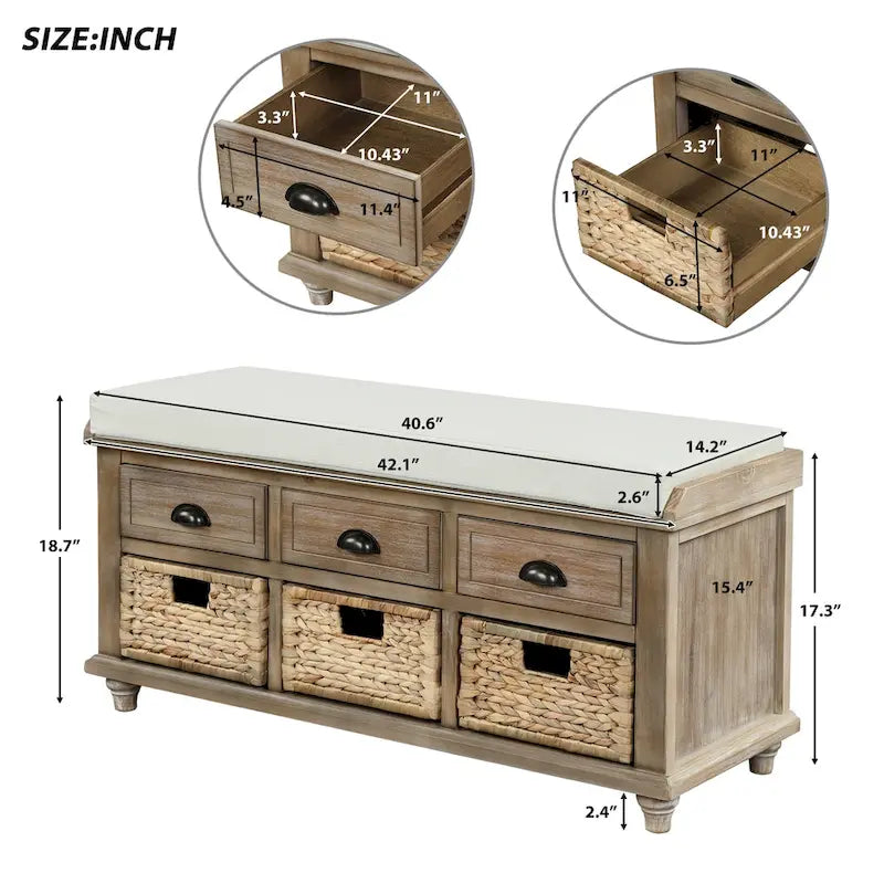 Banc de rangement rustique avec tiroirs et paniers en rotin