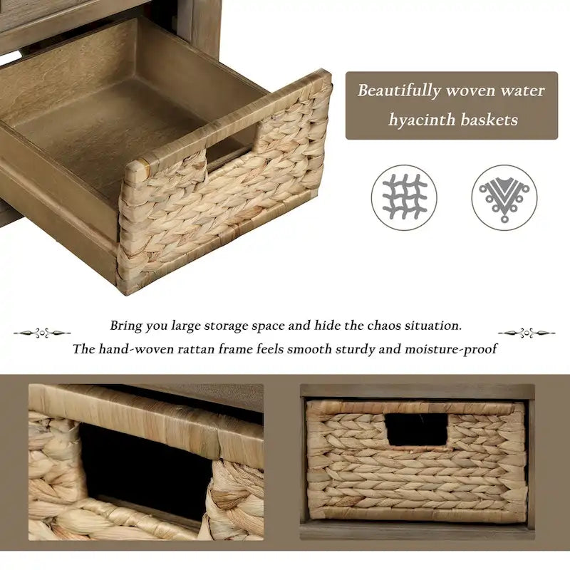 Banc de rangement rustique avec tiroirs et paniers en rotin