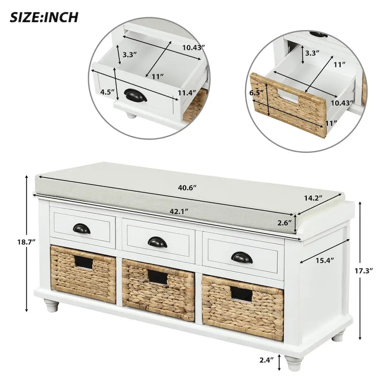 Banc de rangement rustique avec tiroirs et paniers en rotin