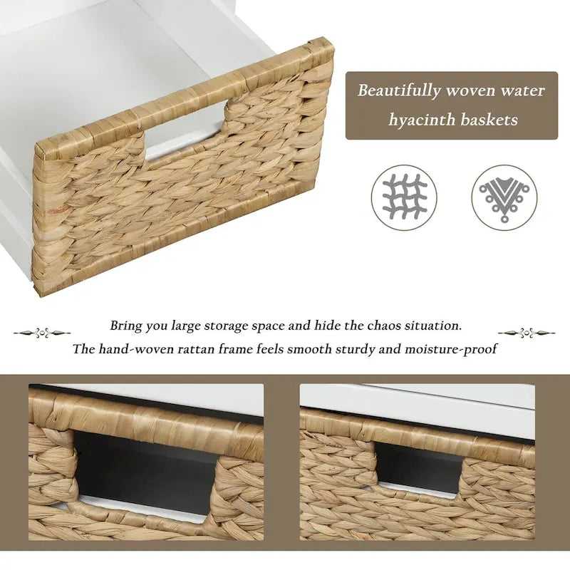 Banc de rangement rustique avec tiroirs et paniers en rotin