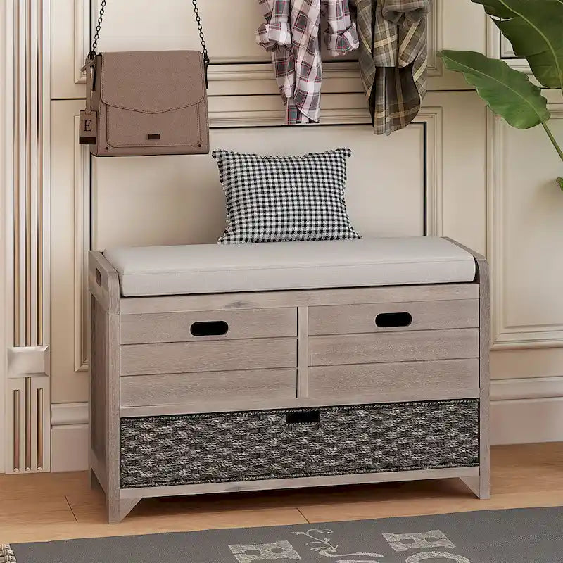 Banc de rangement avec panier amovible et 2 tiroirs