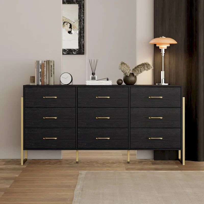 Versatile 9-Drawer Dresser - Sleek Black & Gold, Premium Quality Chest