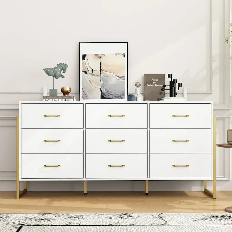 Commode polyvalente à 9 tiroirs - Noir et or élégant, meuble de rangement de qualité supérieure