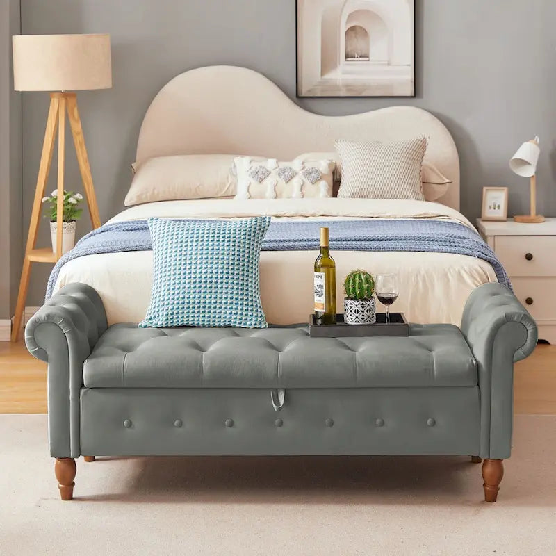 63 Upholstered Storage Bench, Button-Tufted Large Storage Ottoman Bench for Bedroom End of Bed, Rolled Armed Bench
