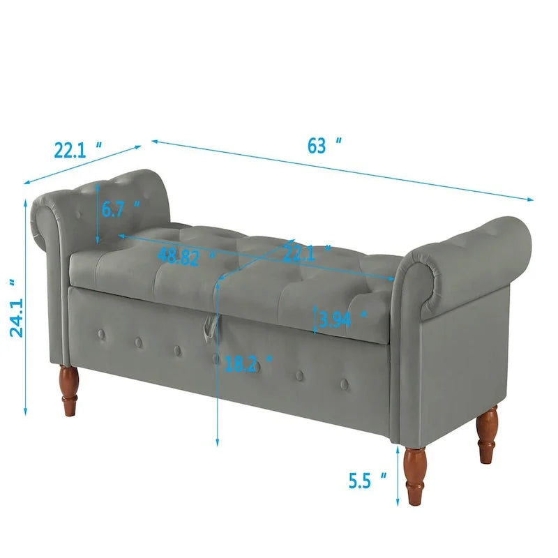 Banc de rangement capitonné 63 pouces, grand banc de rangement ottoman touffeté avec boutons pour le bout du lit de chambre, banc avec accoudoirs roulés