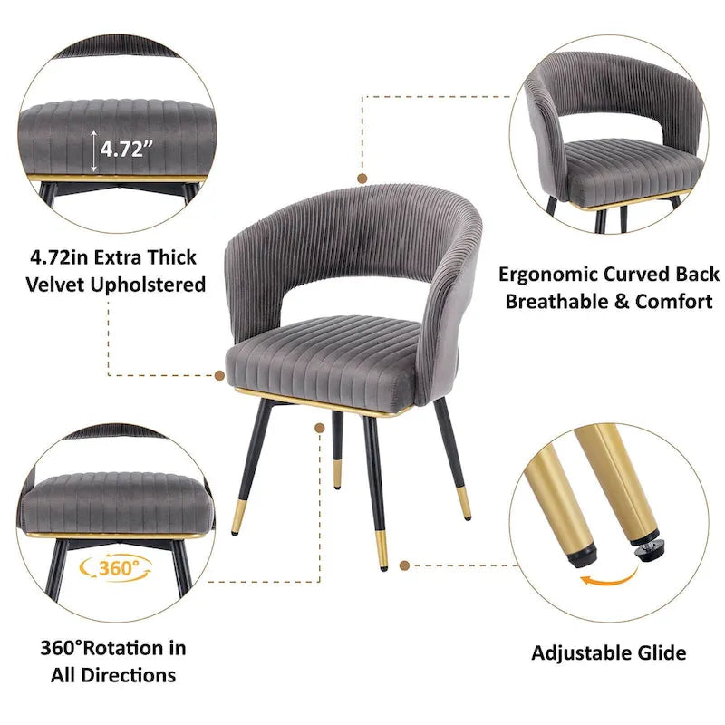Chaise de salle à manger pivotante en velours avec pieds en métal, lot de 2