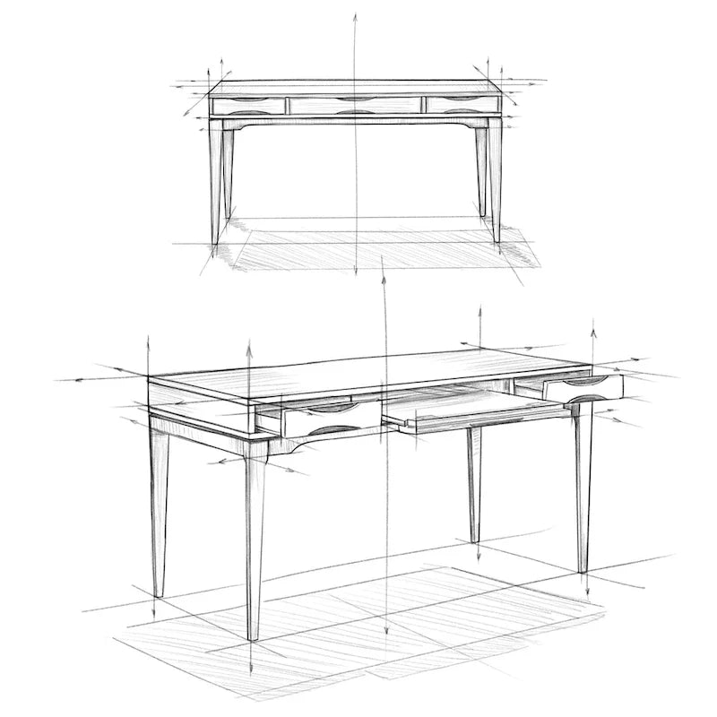 Bureau de travail style Mid-Century Modern en BOIS MASSIF de 60 pouces de largeur
